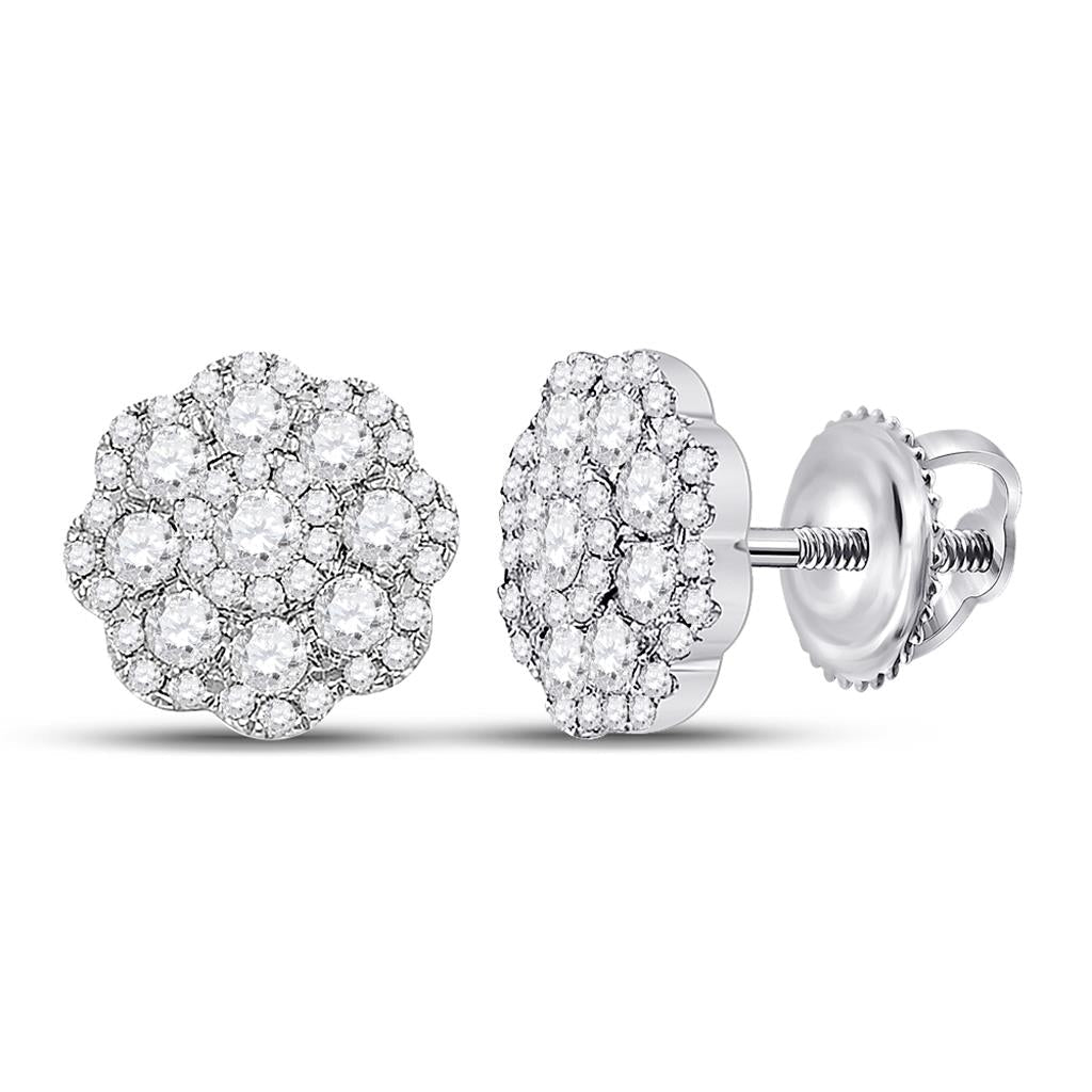 14k White Gold Round Diamond Flower Cluster Earrings 1 Cttw