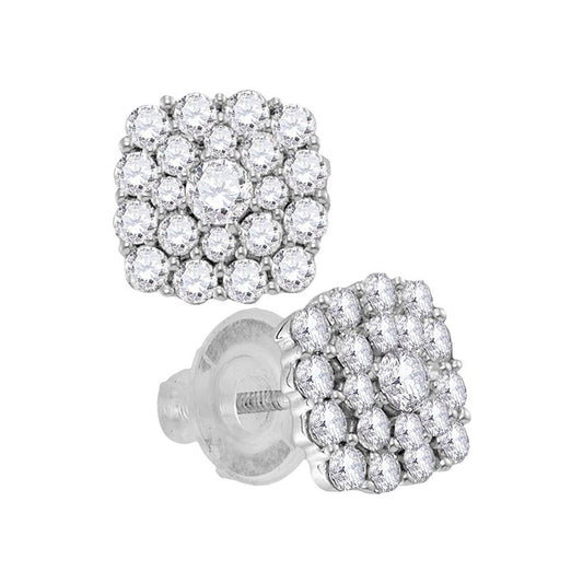 14k White Gold Round Diamond Cluster Earrings 1 Cttw