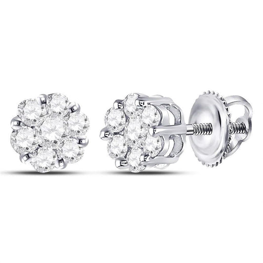 14k White Gold Round Diamond Flower Cluster Stud Earrings 1/2 Cttw