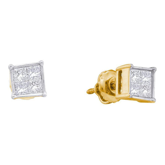 14k Yellow Gold Princess Diamond Square Cluster Stud Earrings 1/2 Cttw