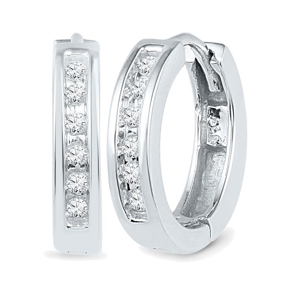 14k White Gold Round Diamond Hoop Earrings 1/8 Cttw