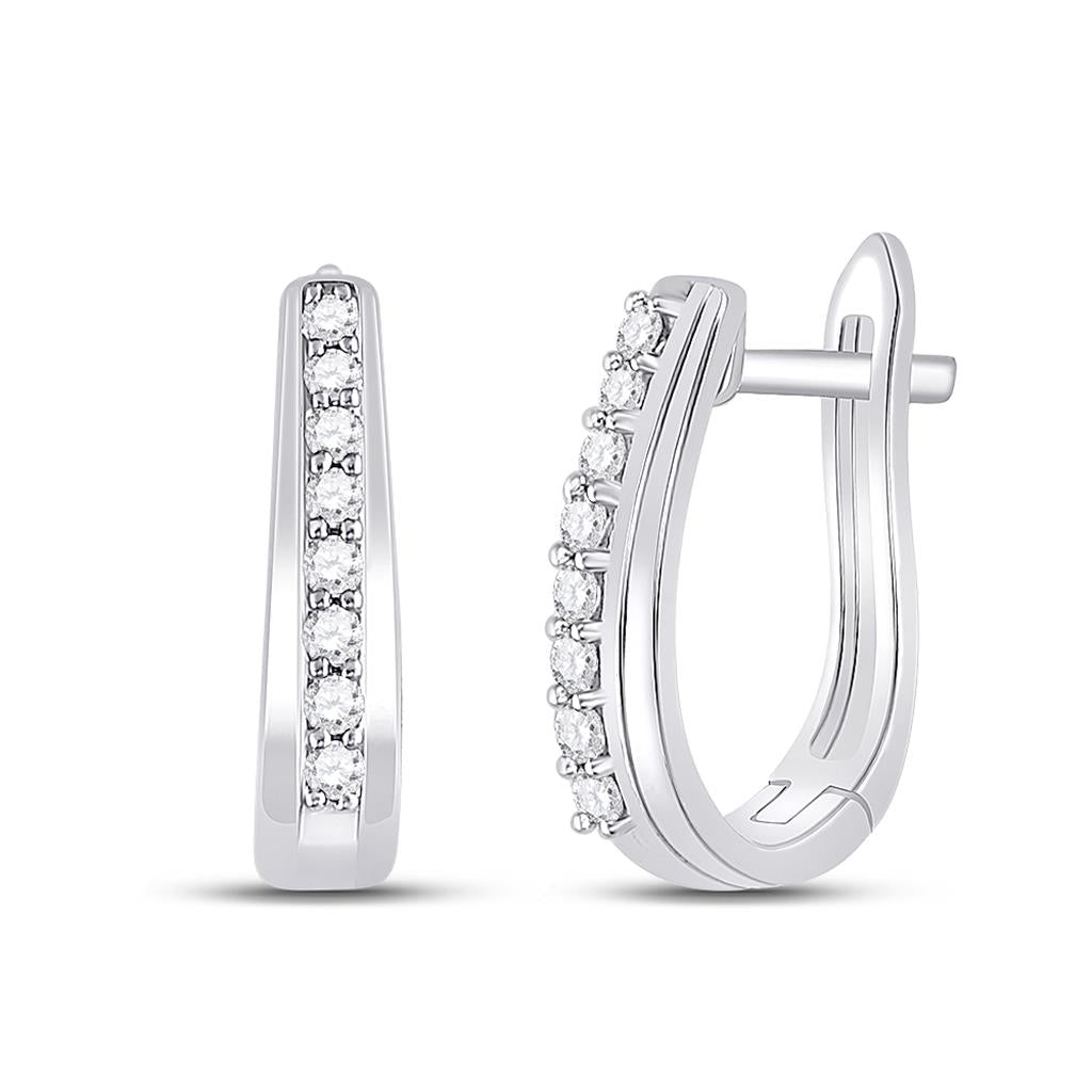 14k White Gold Round Diamond Oblong Hoop Earrings 1/4 Cttw