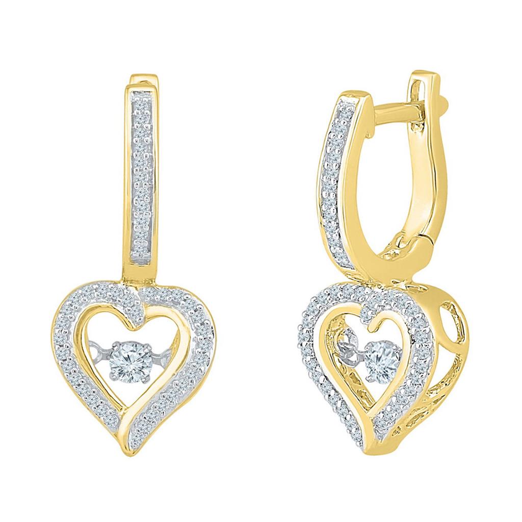 10k Yellow Gold Round Diamond Heart Dangle Hoop Earrings 1/4 Cttw