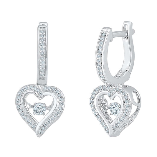 14k White Gold Round Diamond Heart Dangle Hoop Earrings 1/4 Cttw