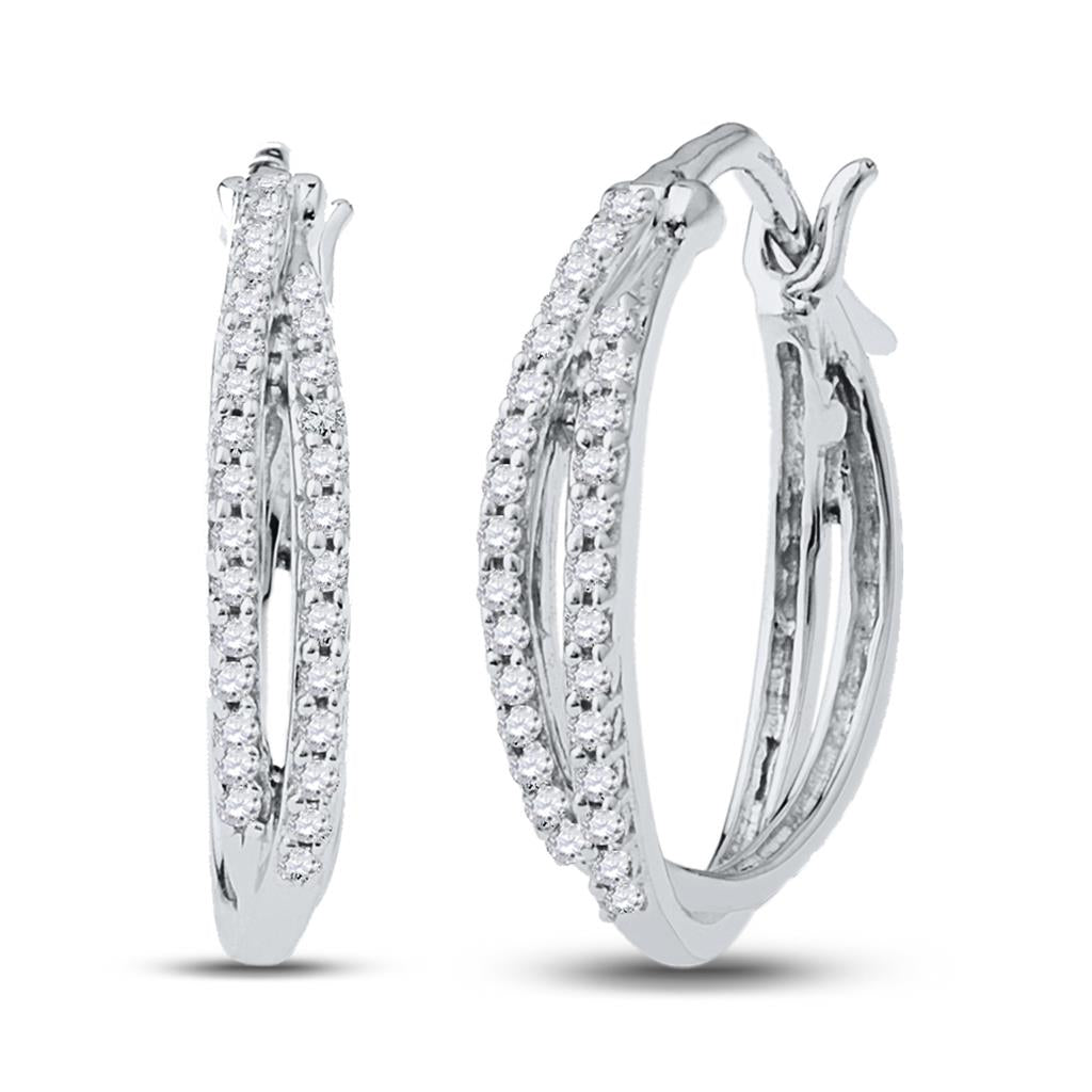 14k White Gold Round Diamond Double Row Hoop Earrings 1/4 Cttw