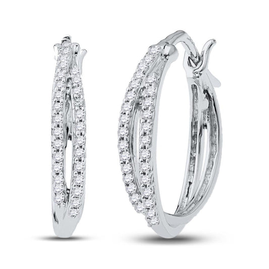 14k White Gold Round Diamond Double Row Hoop Earrings 1/4 Cttw