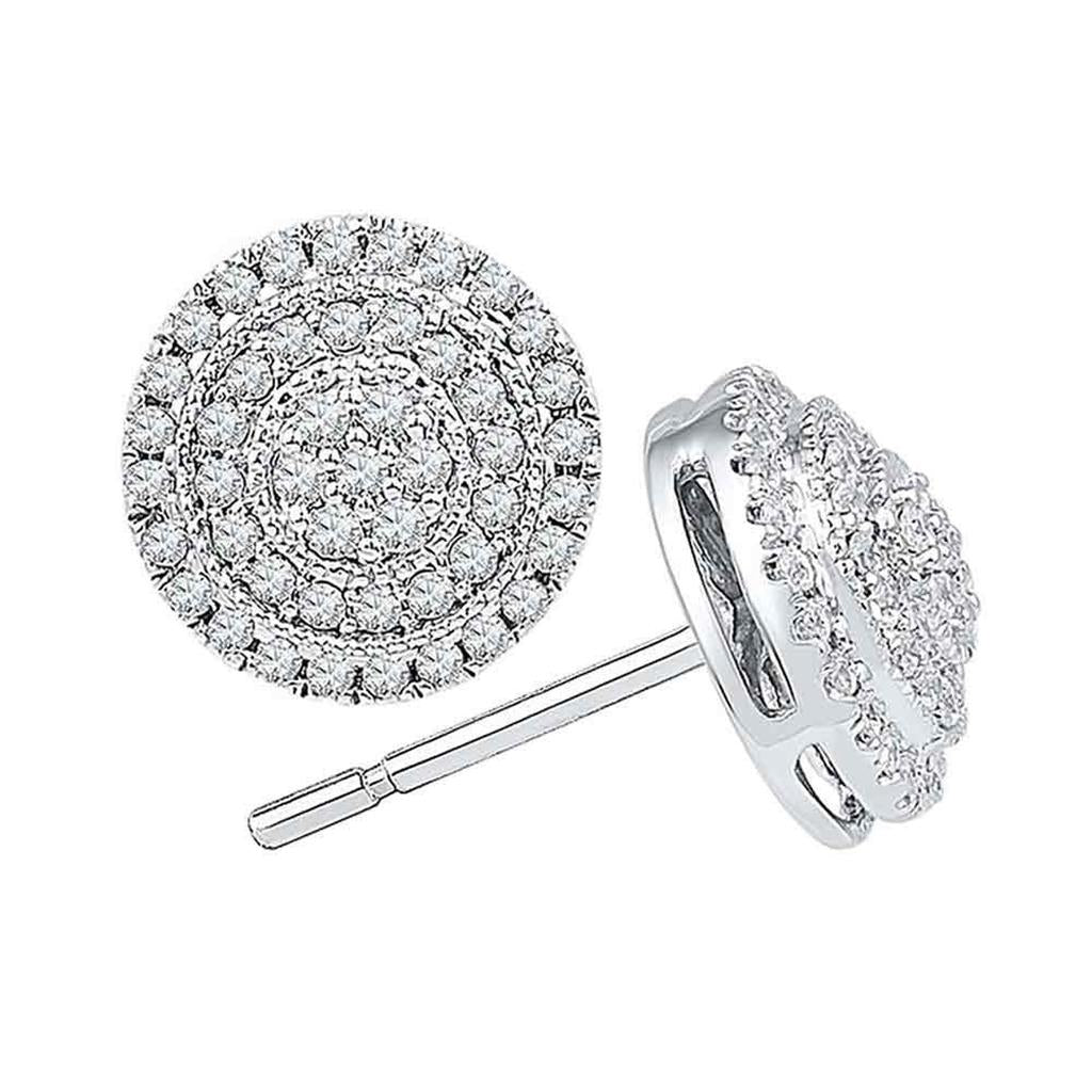 14k White Gold Round Diamond Concentric Cluster Earrings 1/2 Cttw