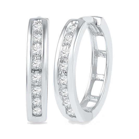14k White Gold Round Diamond Hoop Earrings 1/5 Cttw