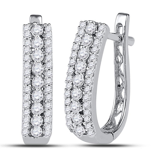 14kt White Gold Round Diamond Triple Row Hoop Earrings 3/8 Cttw
