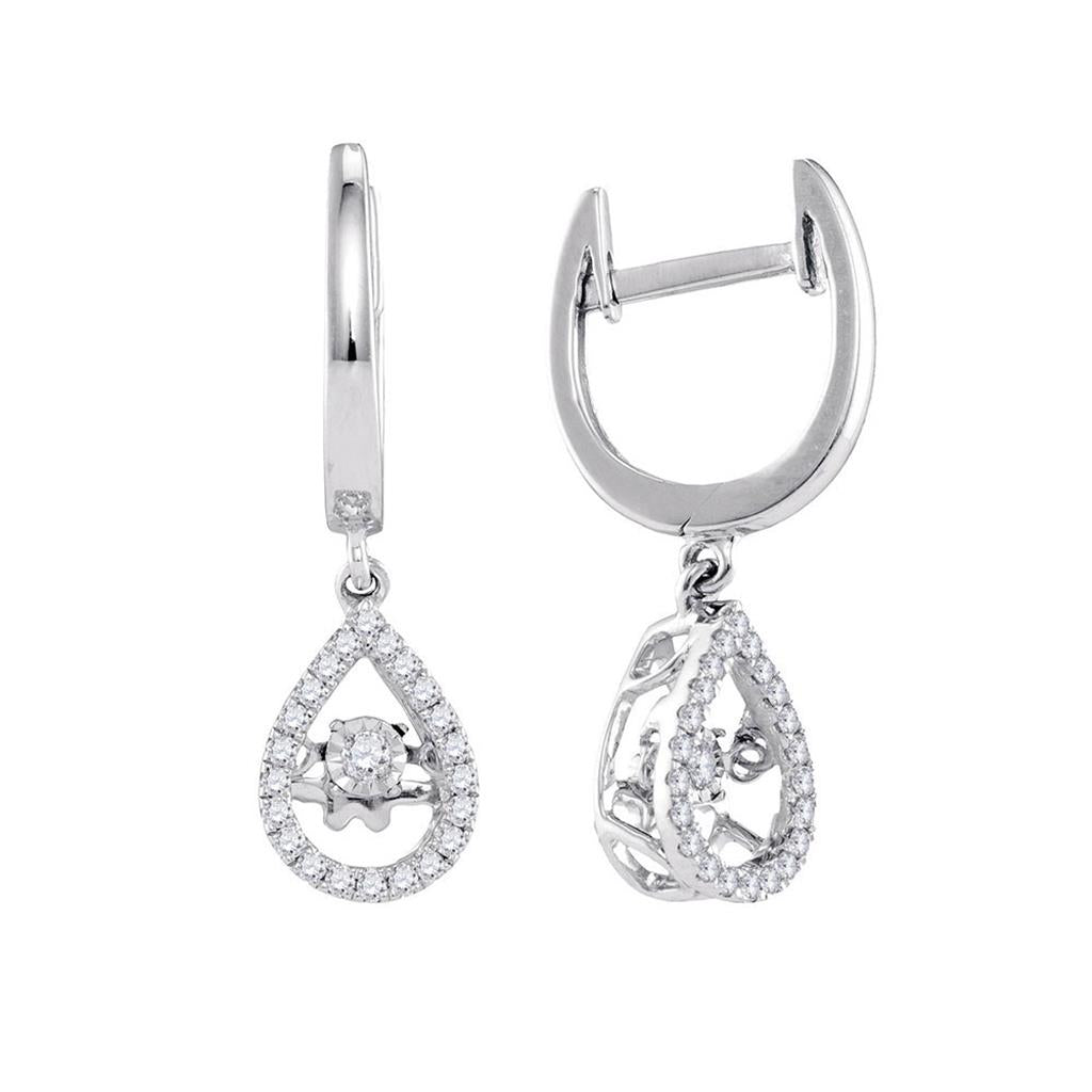 14k White Gold Round Moving Twinkle Diamond Teardrop Dangle Earrings 1/4 Cttw