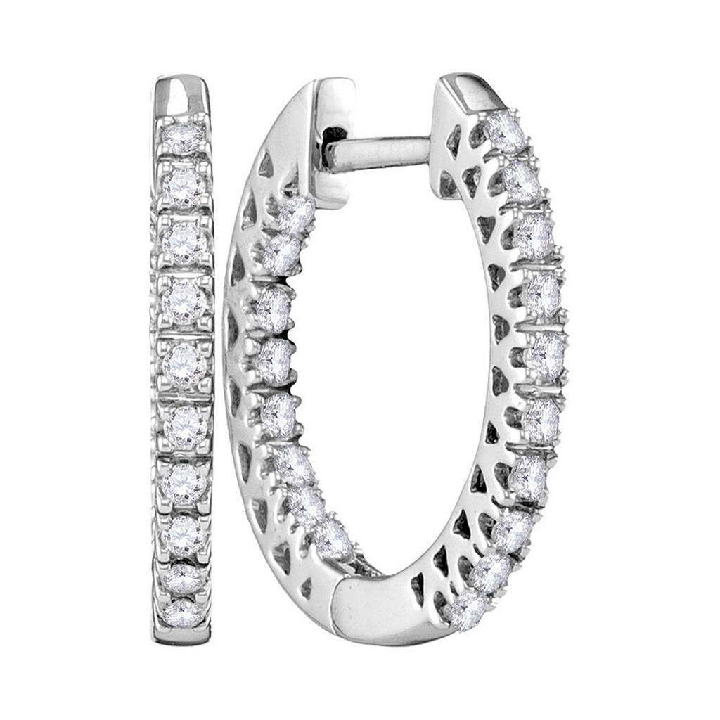 14k White Gold Round Diamond Slender Hoop Earrings 1/4 Cttw