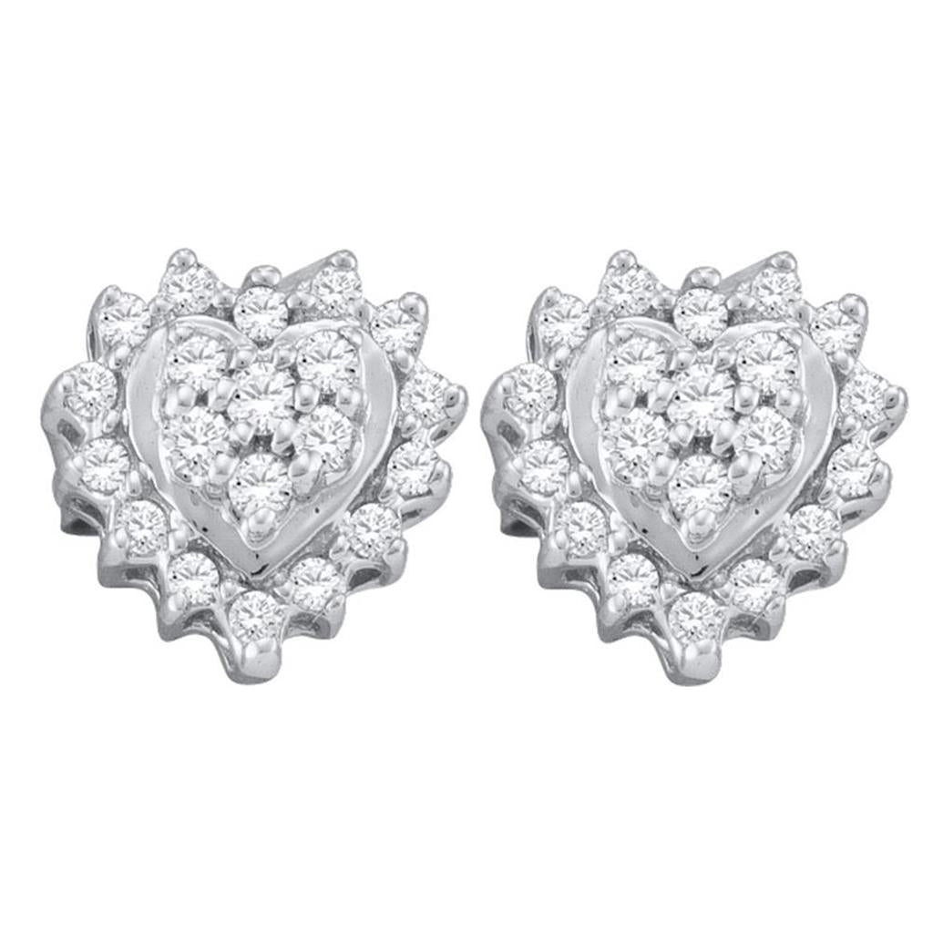 14k White Gold Round Diamond Heart Cluster Earrings 1/4 Cttw