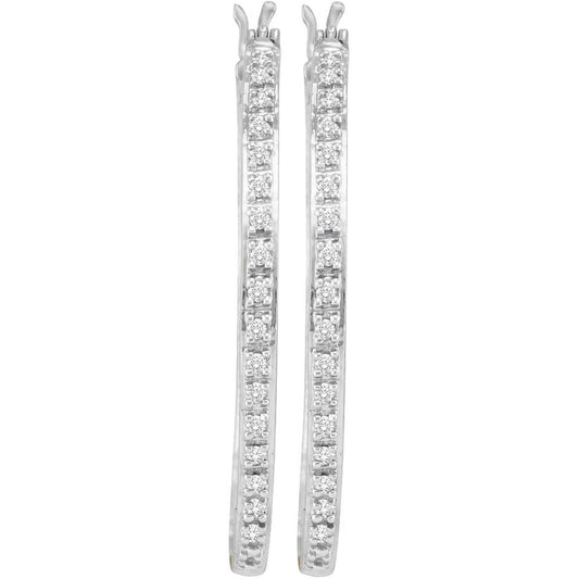 14k White Gold Prong-set Diamond Slender Single Row Hoop Earrings 1/4 Cttw