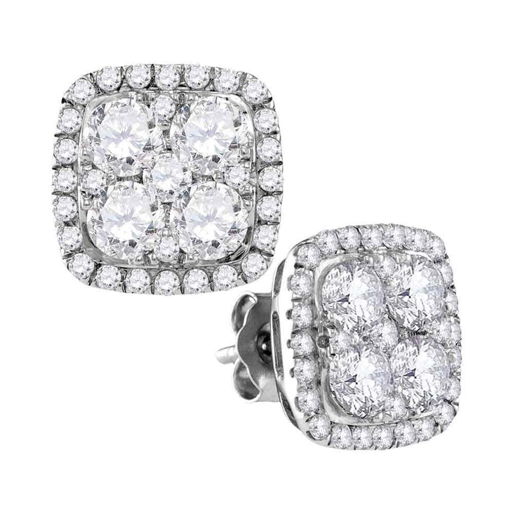 14k White Gold Round Diamond Square Frame Cluster Earrings 2-5/8 Cttw