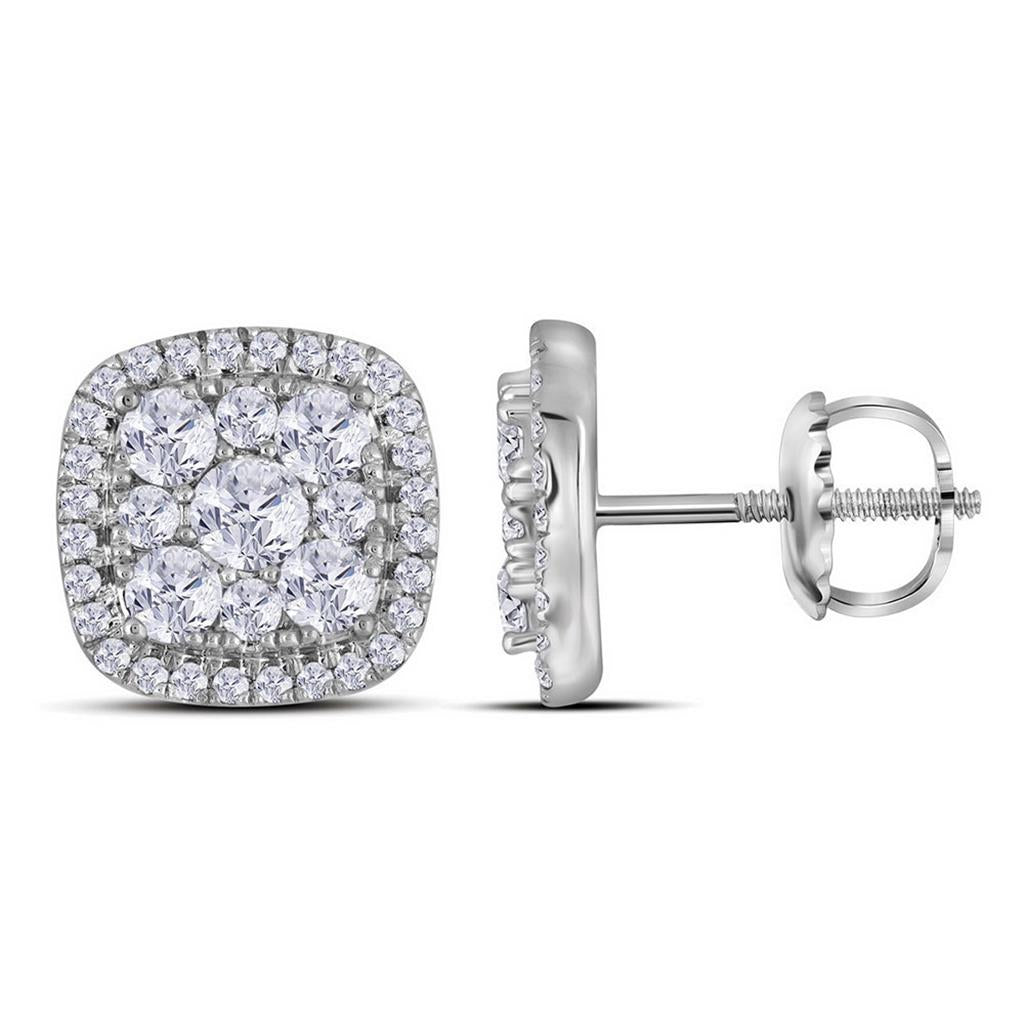 14k White Gold Round Diamond Square Cluster Earrings 1 Cttw