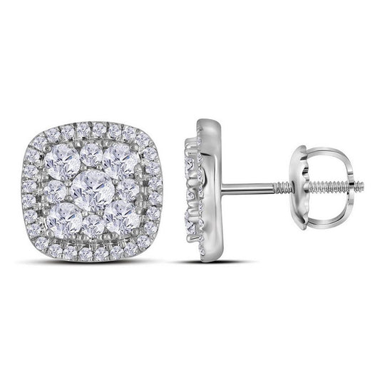 14k White Gold Round Diamond Square Cluster Earrings 1 Cttw