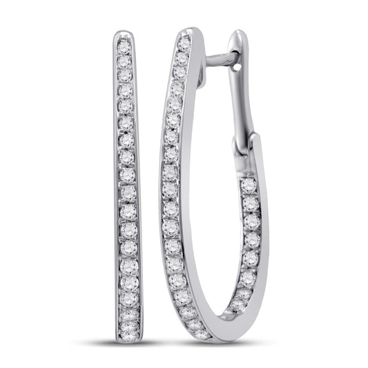 14k White Gold Round Diamond Inside-Outside Oblong Hoop Earrings 1/2 Cttw