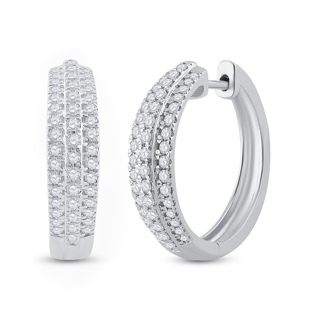 14k White Gold Round Diamond Hoop Earrings 1 Cttw