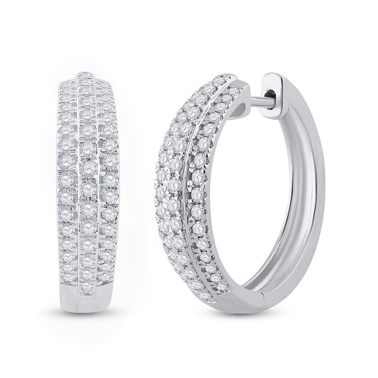 14k White Gold Round Diamond Hoop Earrings 1 Cttw
