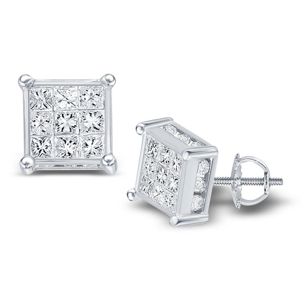 14k White Gold Princess Diamond Square Cluster Stud Earrings 3/4 Cttw