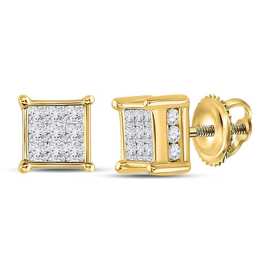 14k Yellow Gold Princess Diamond Cluster Stud Earrings 1/2 Cttw