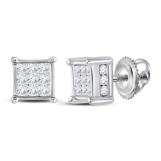 14k White Gold Princess Diamond Cluster Stud Earrings 1/2 Cttw