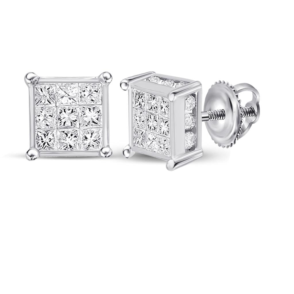 14k White Gold Princess Diamond Cluster Stud Earrings 1/4 Cttw