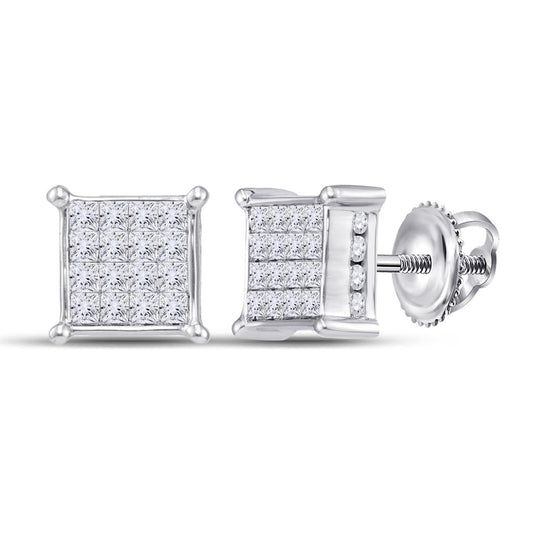 14k White Gold Princess Diamond Square Cluster Earrings 1/2 Cttw