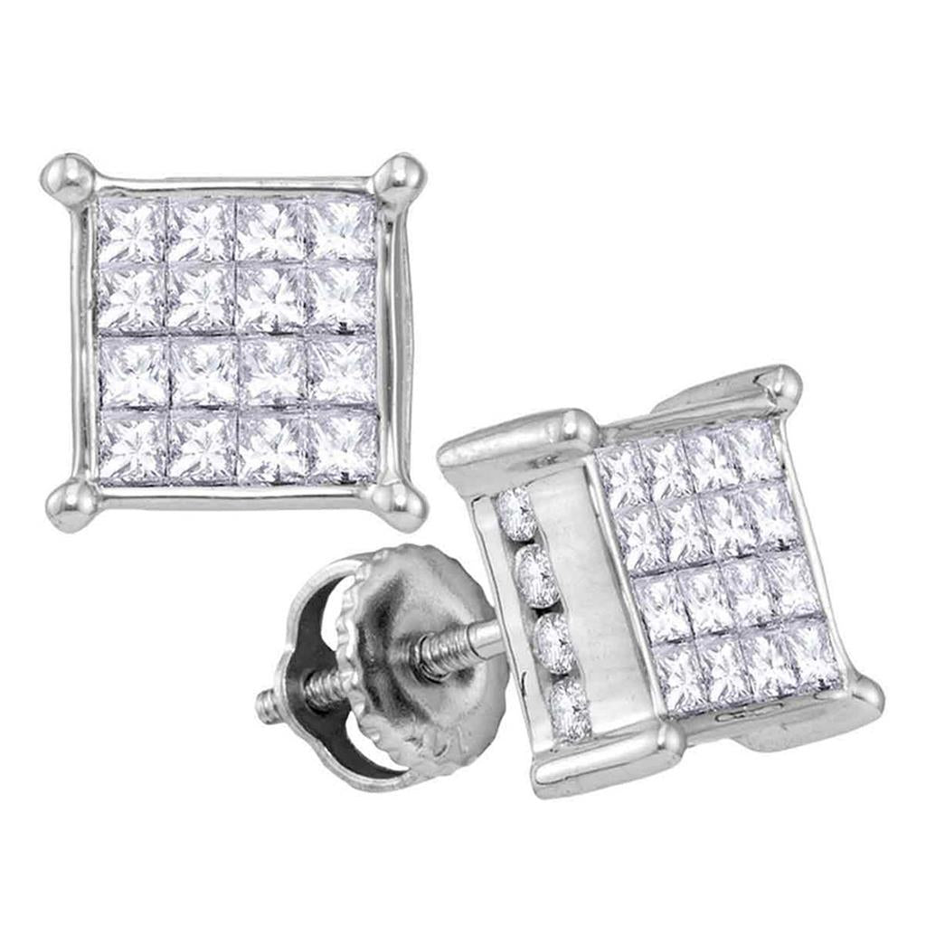 14k White Gold Princess Diamond Square Cluster Earrings 1-1/2 Cttw