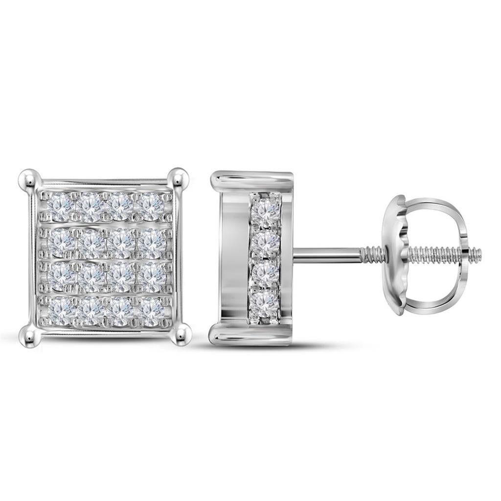 14k White Gold Round Diamond Square Cluster Earrings 3/4 Cttw