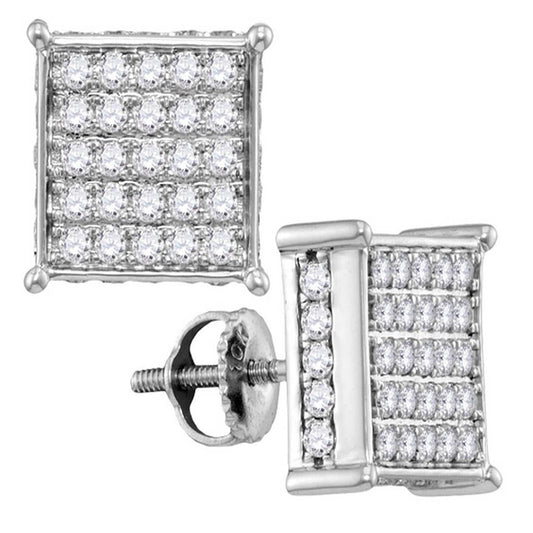 14k White Gold Round Diamond Square Cluster Earrings 1 Cttw
