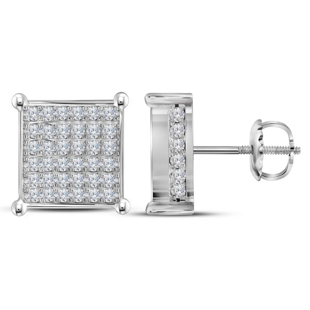14k White Gold Round Diamond Square Cluster Stud Earrings 1-1/2 Cttw