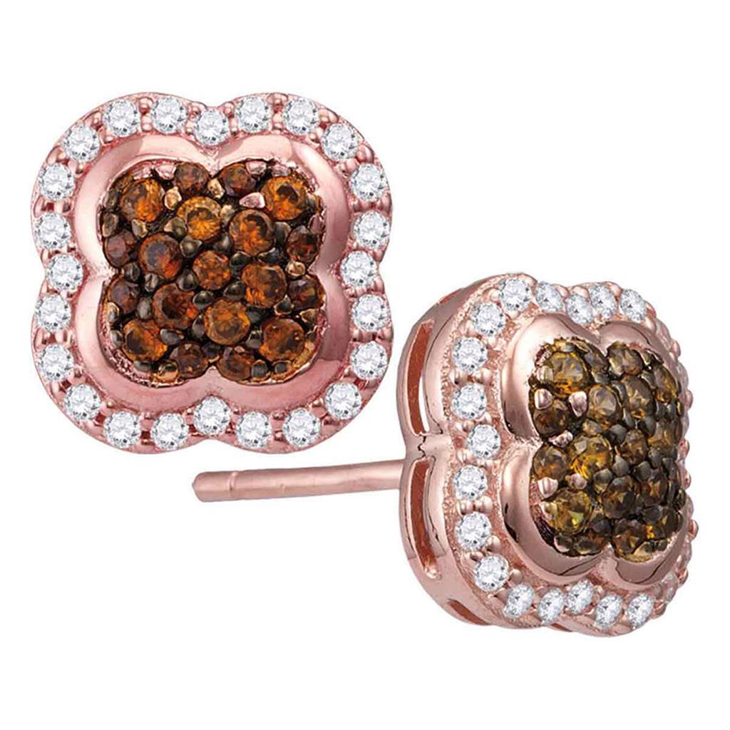 10k Rose Gold Brown Diamond Quaterfoil Cluster Stud Earrings 1/2 Cttw