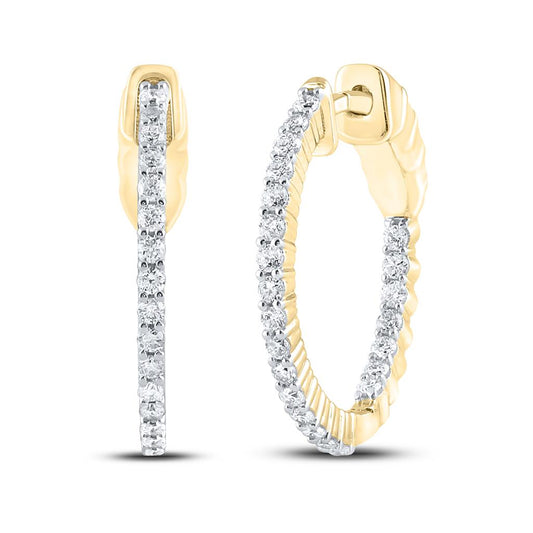 14k Yellow Gold Round Diamond Inside Outside Hoop Earrings 1/2 Cttw