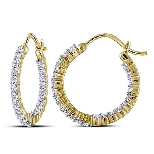 14k Yellow Gold Round Diamond Inside Outside Hoop Earrings 1 Cttw