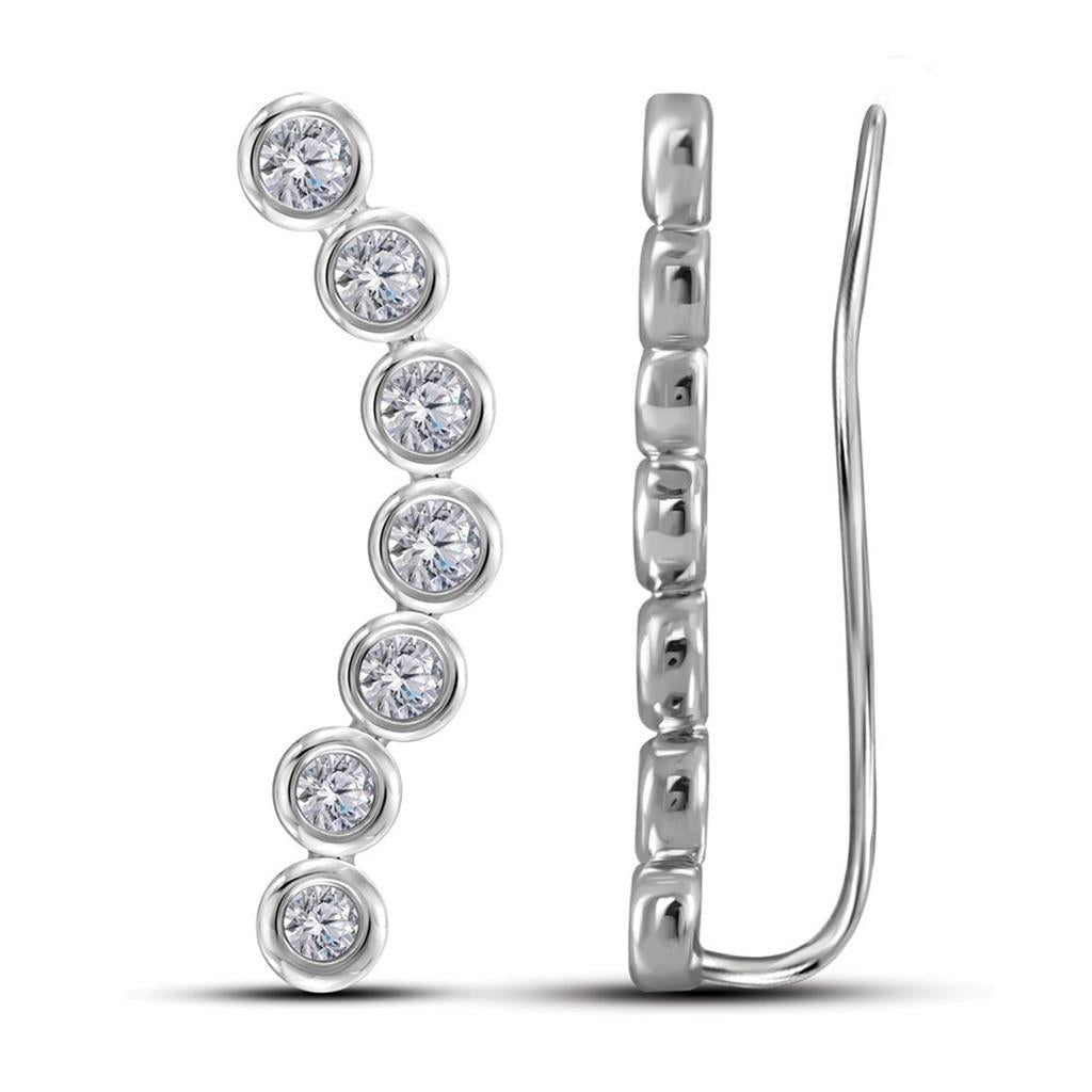 14k White Gold Round Diamond Bezel-set Climber Earrings 1 Cttw