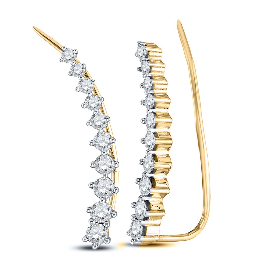 14k Yellow Gold Round Diamond Climber Earrings 3/4 Cttw