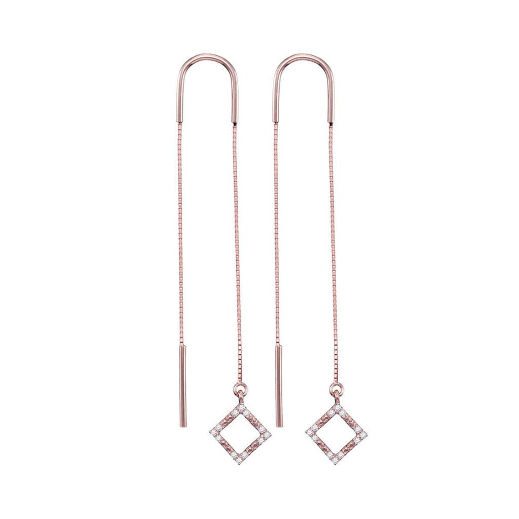 10k Rose Gold Round Diamond Diagonal Square Dangle Threader Earrings 1/10 Cttw