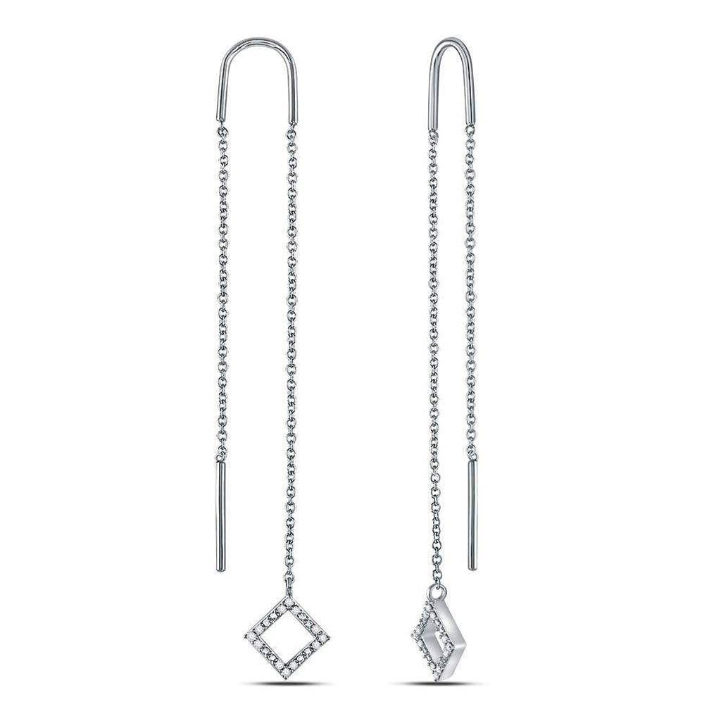 14kt White Gold Round Diamond Threader Square Dangle Earrings 1/10 Cttw