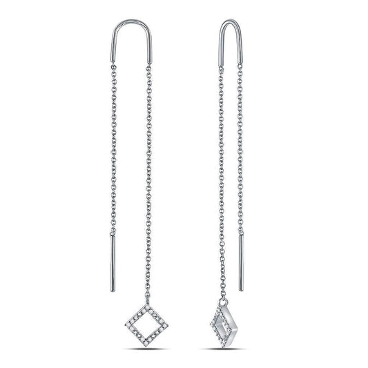 14kt White Gold Round Diamond Threader Square Dangle Earrings 1/10 Cttw