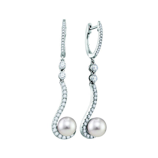 14k White Gold Round Diamond Freshwater Pearl Dangle Earrings 1 Cttw