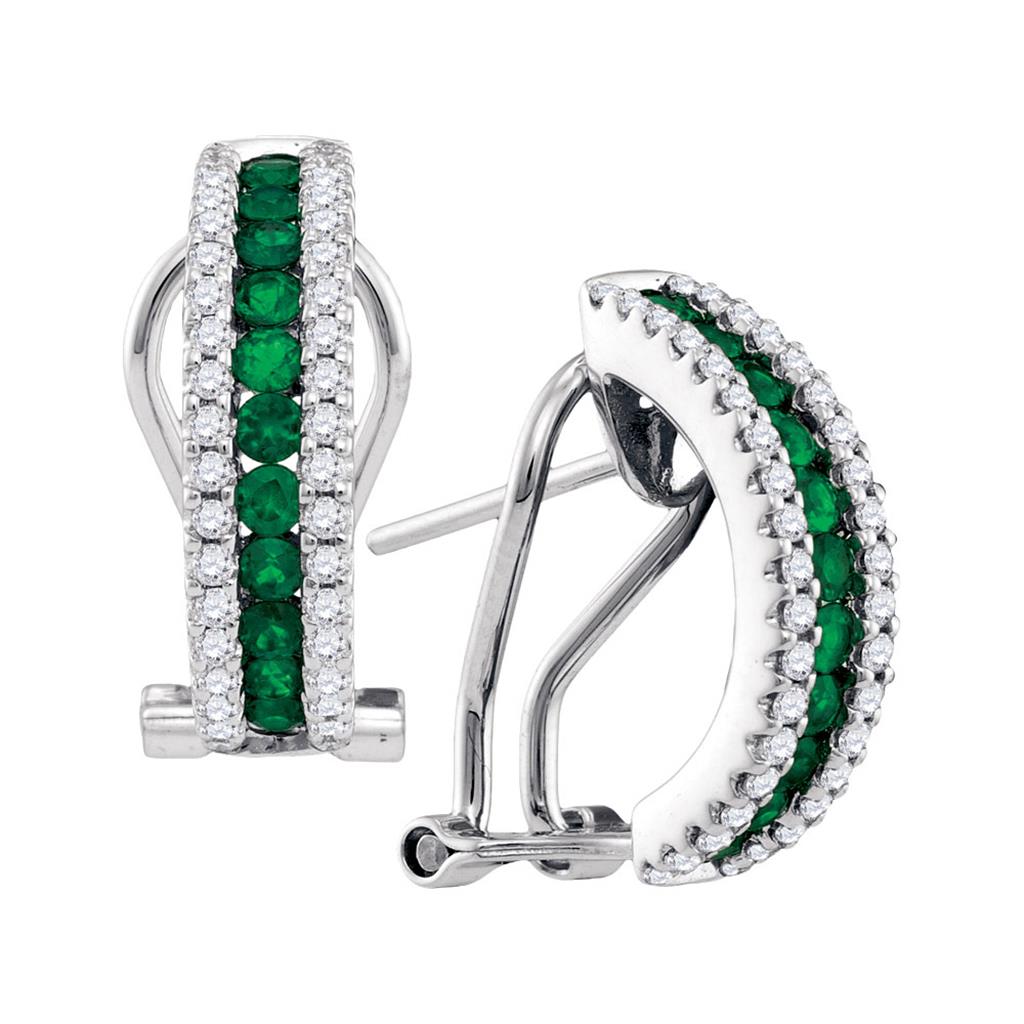 14k White Gold Round Emerald Diamond Striped French-clip Hoop Earrings 5/8 Cttw