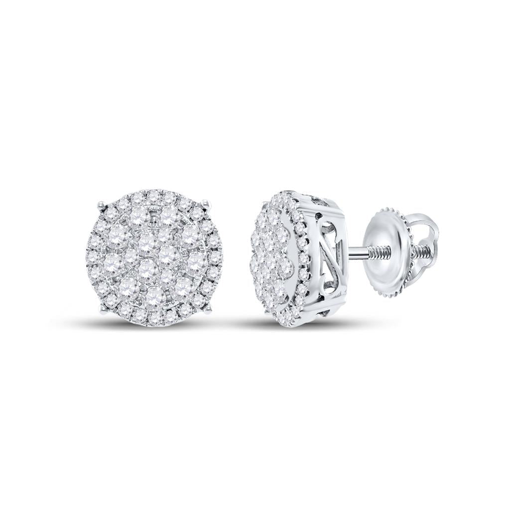 14k White Gold Round Diamond Concentric Circle Cluster Stud Earrings 2 Cttw