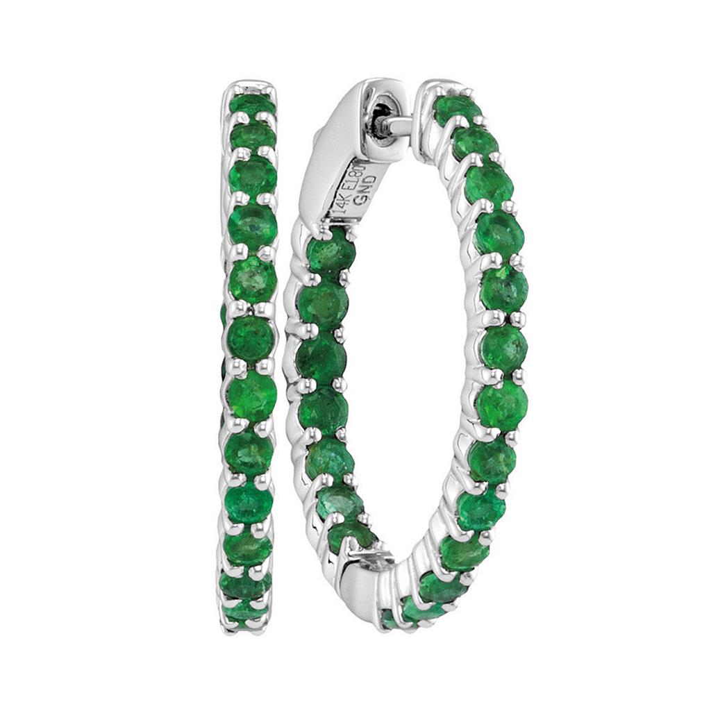 14k White Gold Round Emerald Inside Outside Hoop Earrings 2 Cttw