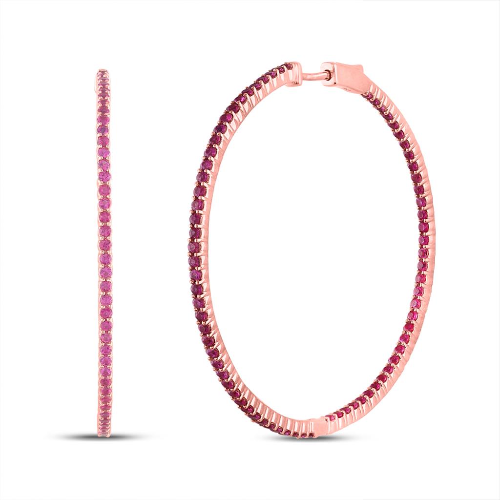 14k Rose Gold Round Ruby Inside Outside Hoop Earrings 4-1/3 Cttw
