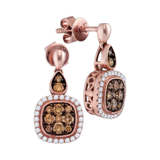 14k Rose Gold Round Brown Diamond Square Dangle Earrings 3/4 Cttw