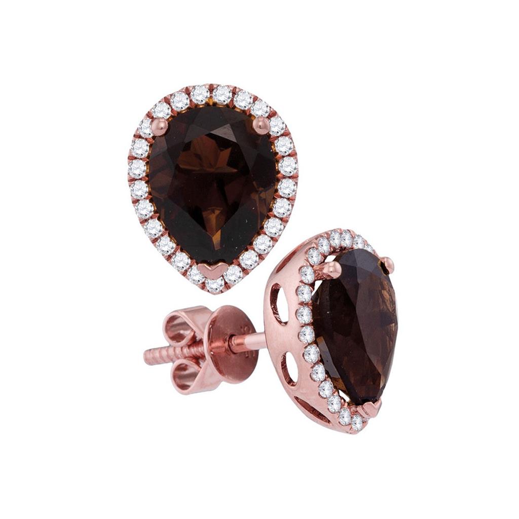 14k Rose Gold Pear Smoky Quartz Solitaire Stud Earrings 3-3/8 Cttw