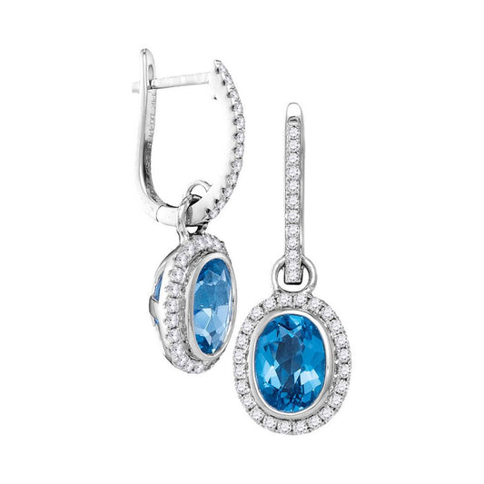 14k White Gold Round Natural Blue Topaz Diamond Oval Dangle Earrings 3 Cttw