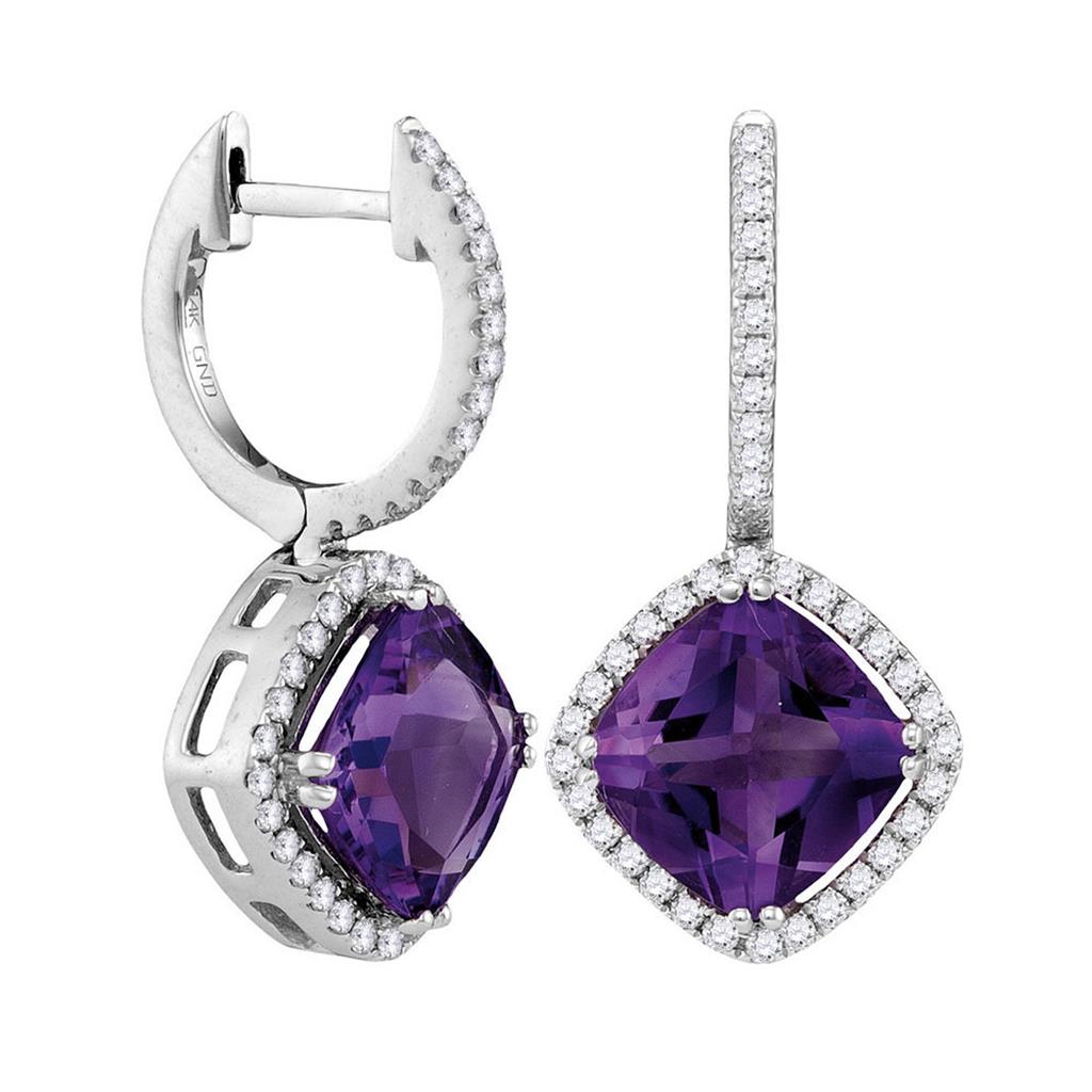 14k White Gold Cushion Natural Amethyst Diamond Dangle Earrings 4-1/3 Cttw