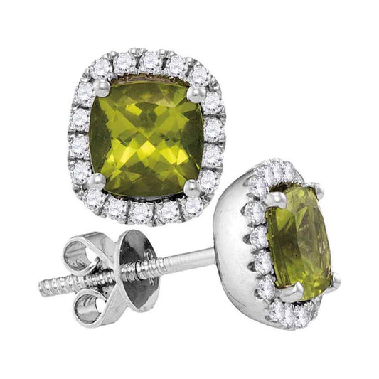 14k White Gold Princess Peridot Solitaire Diamond Frame Earrings 1 Cttw
